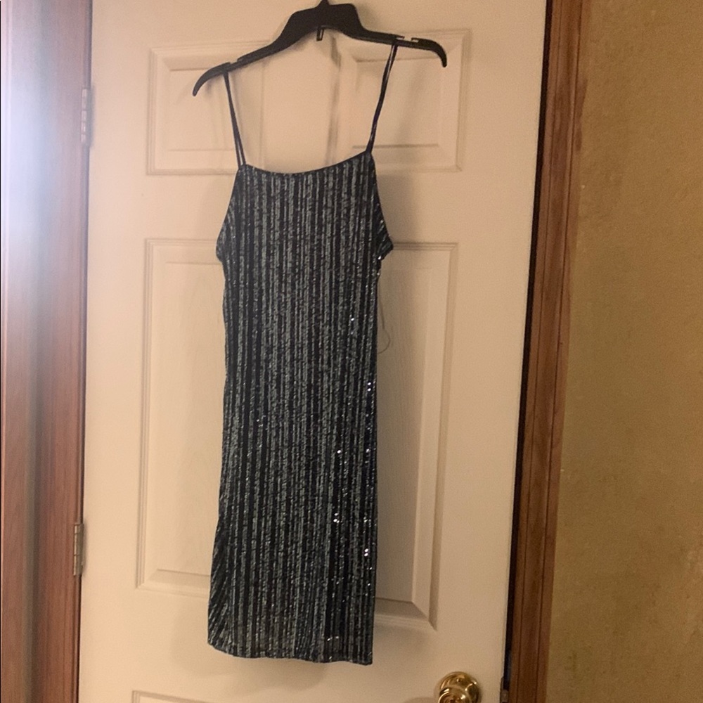 Elegant Blue and Silver Striped Dress